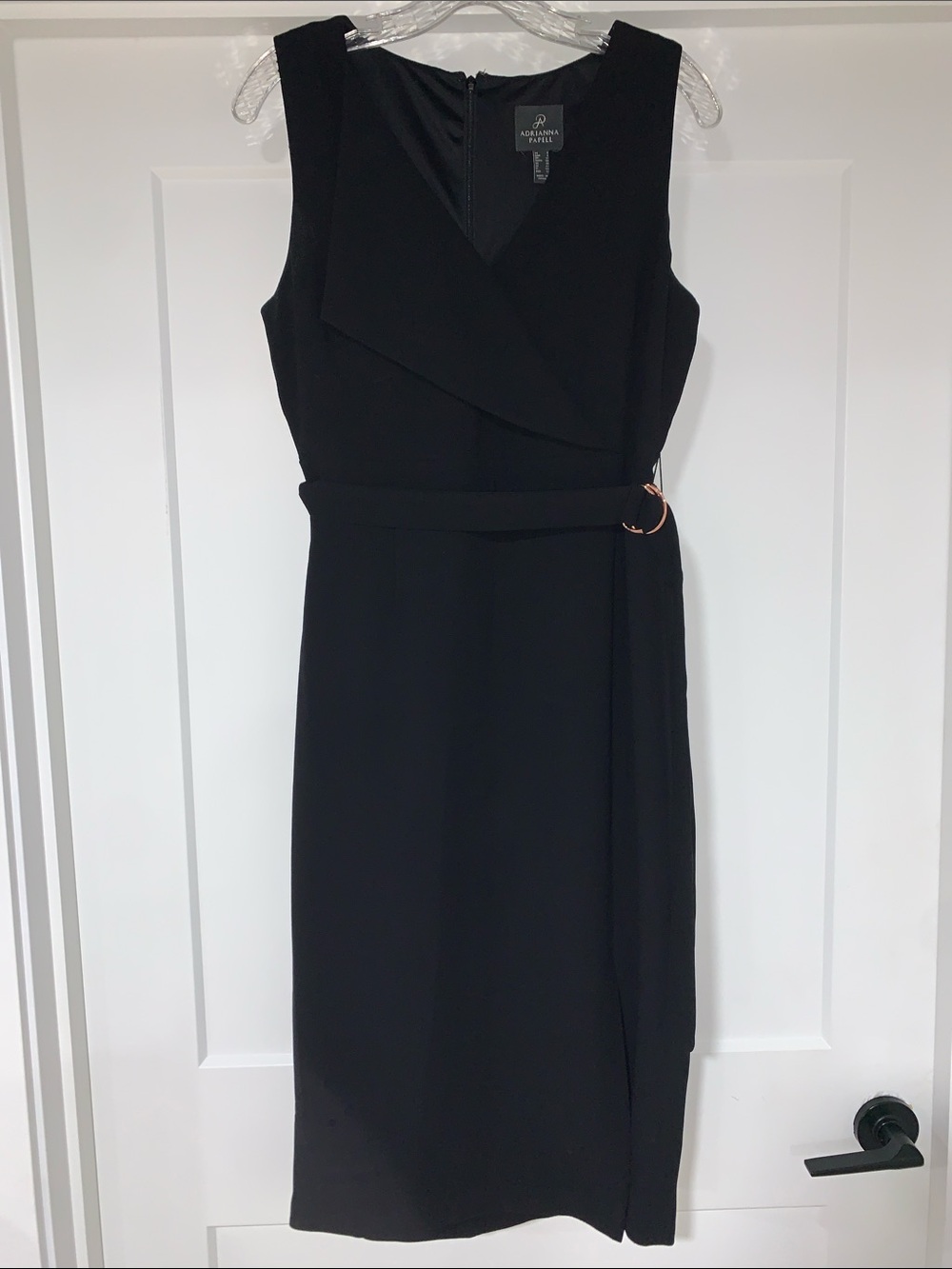 Adrianna Papell Black Sleeveless Midi Dress with Belt Detail
